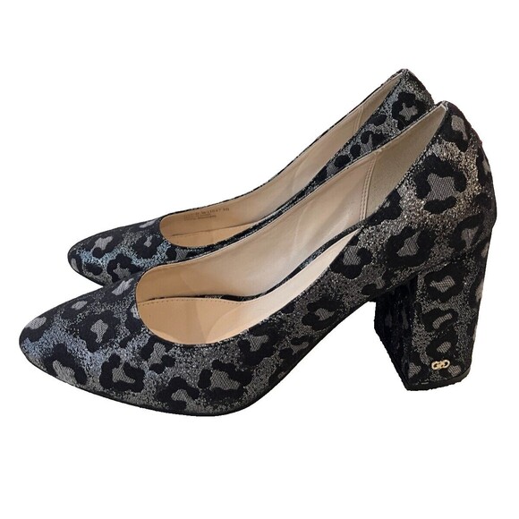 COLE HAAN Grand OS Black Glitter Silver Leopard Print Block Heels Pumps size 9 - Picture 1 of 14